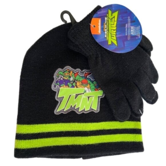Boys Ninja Turtles Black Green Warm Fall Winter Beanie Toque Hat + Gloves Set - Picture 1 of 8